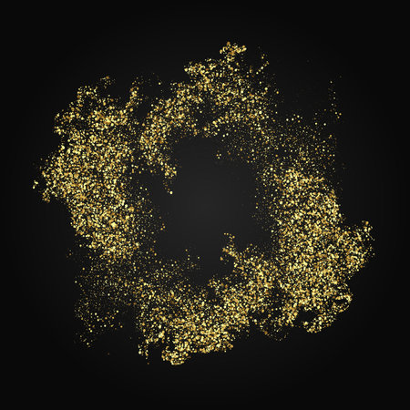 Gold glitters on a black background.Abstract background of gold particles in a circle,vector frame,holiday design elementのイラスト素材