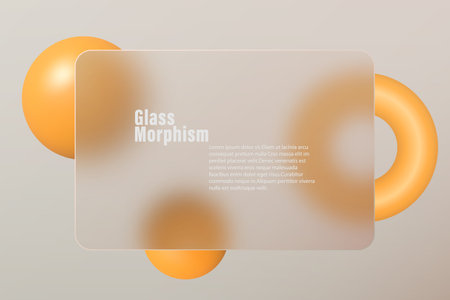 Glass morphism landing page with rectangular glass frame. Illustration with blurry floating orange spheres.のイラスト素材