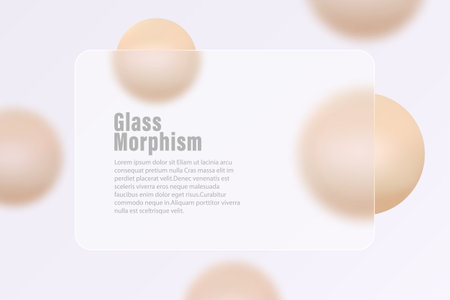 Horizontal glass translucent banner with levitating balls and spheres. Abstract glass morphism background.のイラスト素材