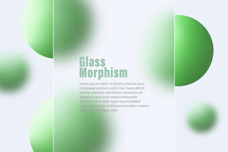 Website landing page template in glass morphism style. Horizontal presentation screen with the effect of a glass banner overlaying green spheres.のイラスト素材