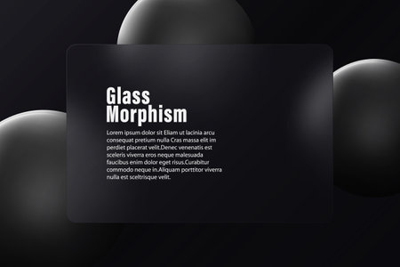 Glass morphism style. Rectangular glass banner or bank card with rounded corners. Cashless payment concept. Realistic glass morphism effect on a dark background with black spheres.のイラスト素材