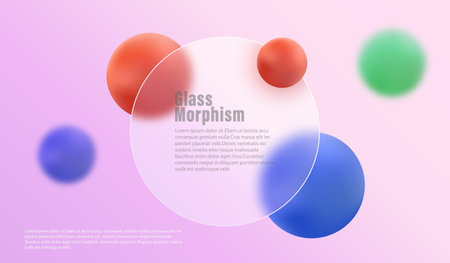 Glass morphism with transparent round frame on colorful gradient, colored spheres.のイラスト素材