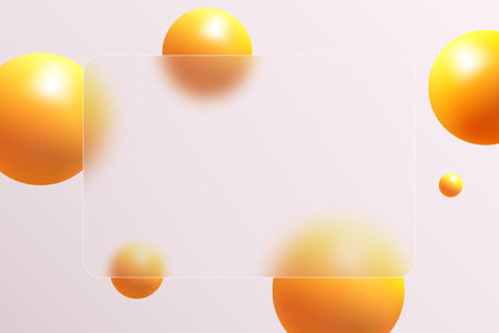 Glass morphism banner template. Plastic rectangle made of transparent plastic with a blur effect. Spheres morphism abstract art.のイラスト素材