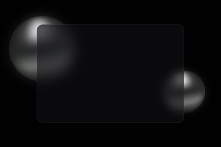 Modern abstraction. Trendy glass morphism design. Black spheres and glass panel.のイラスト素材