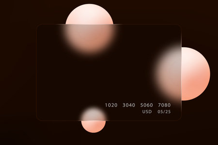 Banner with a transparent matte bank card with a glass morphism effect. Vector illustration with peach colored spheres.のイラスト素材
