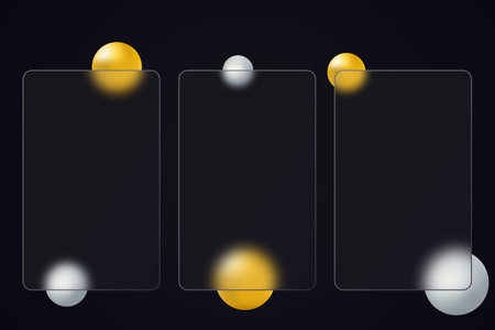 Glass morphism effect. Set of vertical glass banners with gold and silver gradient spheres on a black background.のイラスト素材