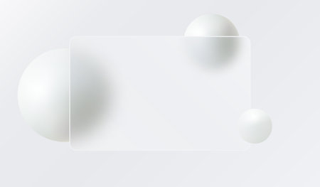 Glass morphism landing page with square frame. Vector illustration with blurry floating spheres in white.のイラスト素材