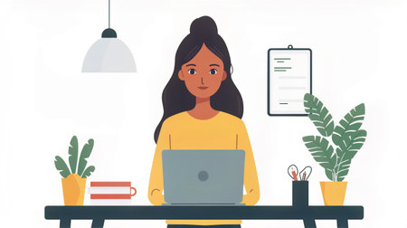 Illustration of a young woman working at a table with a laptop. Generative AIの素材