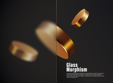 Glass morphism effect. Rectangular banner made of transparent frosted glass. Golden round shapes on a black background.のイラスト素材