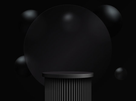 Black round podium with transparent glass and background with black spheres. Abstract vector rendering of a 3d shape to display promotional products.のイラスト素材