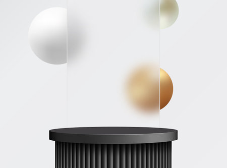 Luxurious black podium with a transparent glass background, white and gold 3D spheres.のイラスト素材
