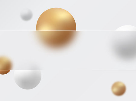 Glass morphism background. Glass banner made of transparent frosted glass with gold and white spheres on a light background.のイラスト素材