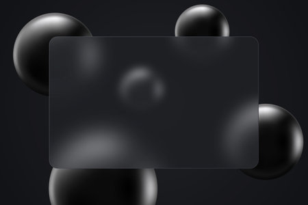 Rectangular transparent banner in glass morphism style. Realistic glass morphism effect on a dark background with black spheres.のイラスト素材