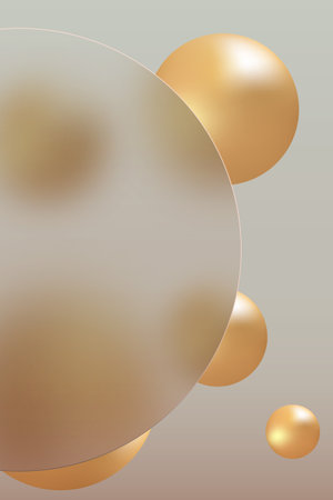 Glass morphism background. Glass round banner made of transparent frosted glass with golden spheres on a light background.のイラスト素材