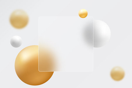 Square banner made of clear glass with 3D gold and white spheres. Realistic glass morphism shape.のイラスト素材