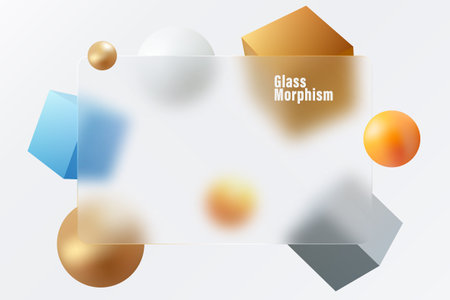 3D colored geometric shapes on a light background with a glass transparent banner in glass morphism style.のイラスト素材