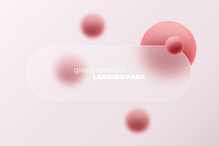 Website landing page template in glass morphism style. Horizontal presentation screen with the effect of glass overlay on red spheres.のイラスト素材