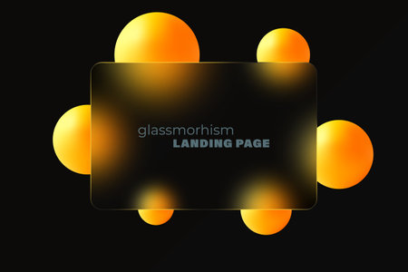 Glass morphism landing page with rectangular frame on black background. Vector illustration with blurry floating yellow spheres.のイラスト素材