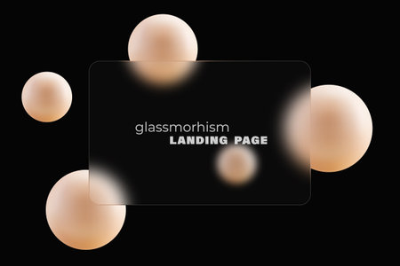 Realistic glass morphism effect. Rectangular banner on a black background with floating spheresのイラスト素材