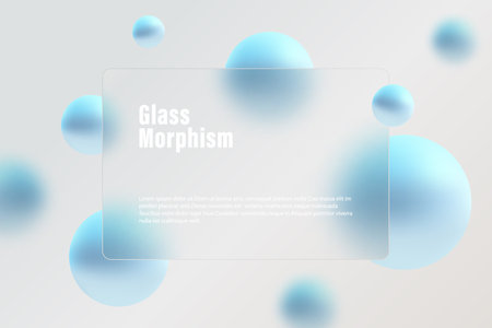 Website landing page template in glass morphism style. Frosted glass partition with floating blue spheres.のイラスト素材