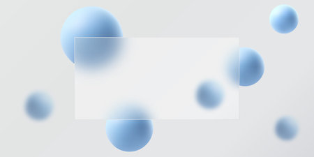 Website landing page in glass morphism style. A partition made of transparent material with floating blue spheres.のイラスト素材