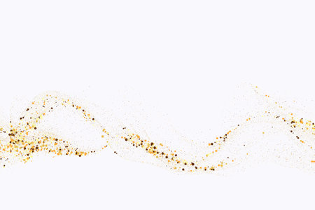 Gold glitter texture on a white background. Wave-like streams of golden-colored particles, an explosion of sparkling confetti. Festive background.のイラスト素材
