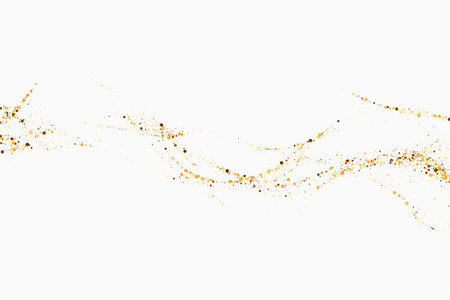 Gold glitter texture on a white background. Wave-like streams of golden-colored particles, an explosion of sparkling confetti. Festive background.のイラスト素材
