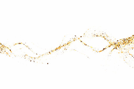 Gold glitter texture on a white background. Wave-like streams of golden-colored particles, an explosion of sparkling confetti. Festive background.のイラスト素材