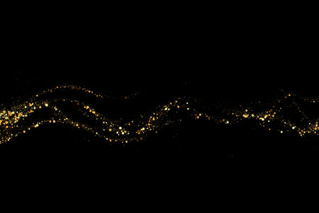 Gold glitter texture on a black background. Wave-like streams of golden-colored particles, an explosion of sparkling confetti. Festive background.のイラスト素材