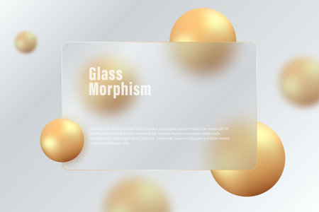 Rectangular banner or bank card made of clear glass with 3D gold spheres.のイラスト素材