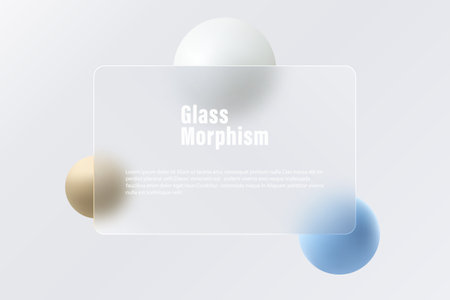 Website landing page template. Glass morphism style. Frosted glass partition with floating spheres in blue and gray.のイラスト素材