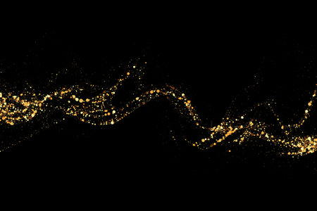 Gold glitter texture on a black background. Wave-like streams of golden-colored particles, an explosion of sparkling confetti. Festive background.のイラスト素材