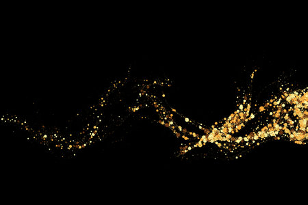 Gold glitter texture on a black background. Wave-like streams of golden-colored particles, an explosion of sparkling confetti. Festive background.のイラスト素材