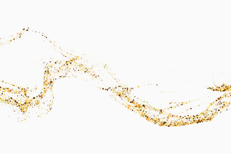 Gold glitter texture on a white background. Wave-like streams of golden-colored particles, an explosion of sparkling confetti. Festive background.のイラスト素材