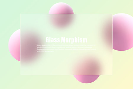 Glass morphism effect. Bank card or banner made of transparent glass with pink spheres.のイラスト素材