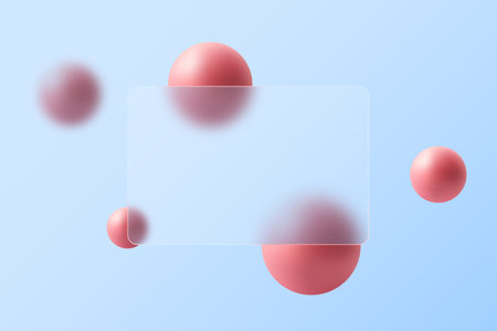 Glass morphism background design. Transparent rectangular glass banner with spheres.のイラスト素材