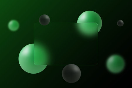 Dark green background with levitation sphere and transparent partition, background in glass morphism style.のイラスト素材