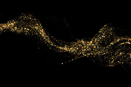 Scattered golden particles on dark background. Holiday background or design element.のイラスト素材