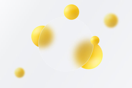 Yellow spheres with defocused transparent frame. Abstract background in glass morphism style.のイラスト素材
