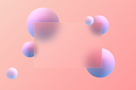 Website landing page template in glass morphism style. Frosted glass partition with floating spheres.のイラスト素材
