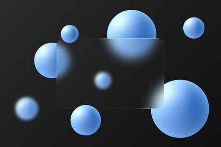 Website landing page template in glass morphism style. Frosted glass partition with floating spheres.のイラスト素材