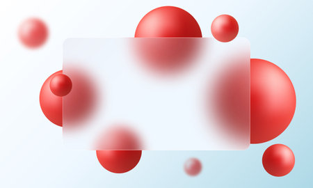 Glass morphism landing page with frame. Illustration with blurry floating red spheres.のイラスト素材