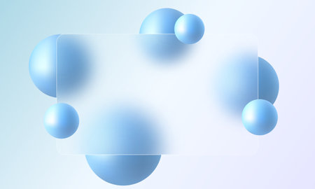 Glass morphism website landing page template. Frosted glass partition with floating blue spheres.のイラスト素材
