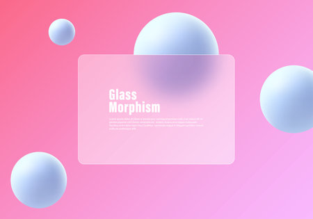 Glass morphism website landing page template. Frosted glass partition with floating spheres.のイラスト素材