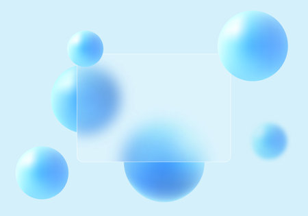 Glass morphism website landing page template. Frosted glass partition with floating spheres.のイラスト素材