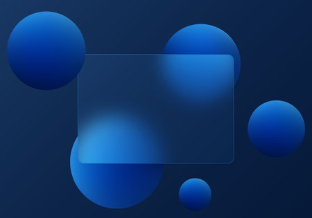 Dark blue background with transparent partition and floating spheres in glass morphism style. Website landing page template.のイラスト素材