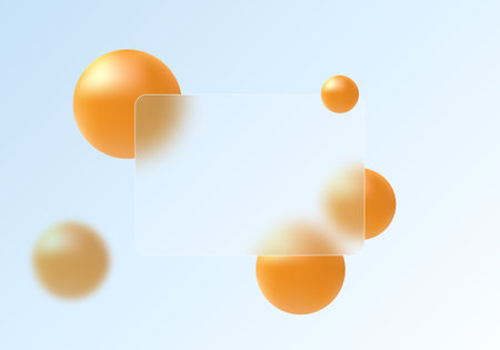Glass morphism website landing page template. Frosted glass partition with floating spheres.のイラスト素材
