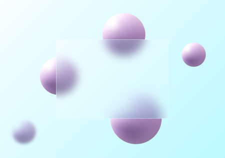 Glass morphism website landing page template. Frosted glass partition with floating spheres.のイラスト素材