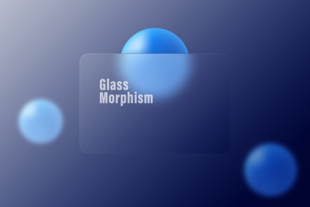 Glass morphism website landing page template. Rectangular frosted glass partition with floating blue spheres on dark background.のイラスト素材