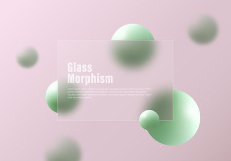 Glass morphism website landing page template. Frosted glass partition with floating spheres.のイラスト素材